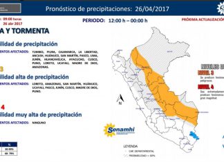 Senamhi pronostica lluvias y tormentas desde este mediodía en nueve regiones del país